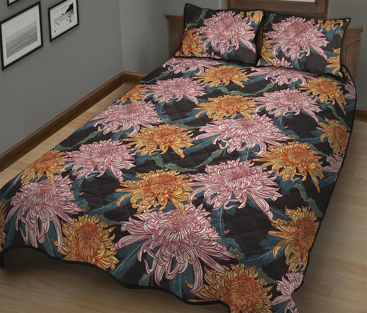 Japanese Chrysanthemum Pattern Print Quilt Bed Set