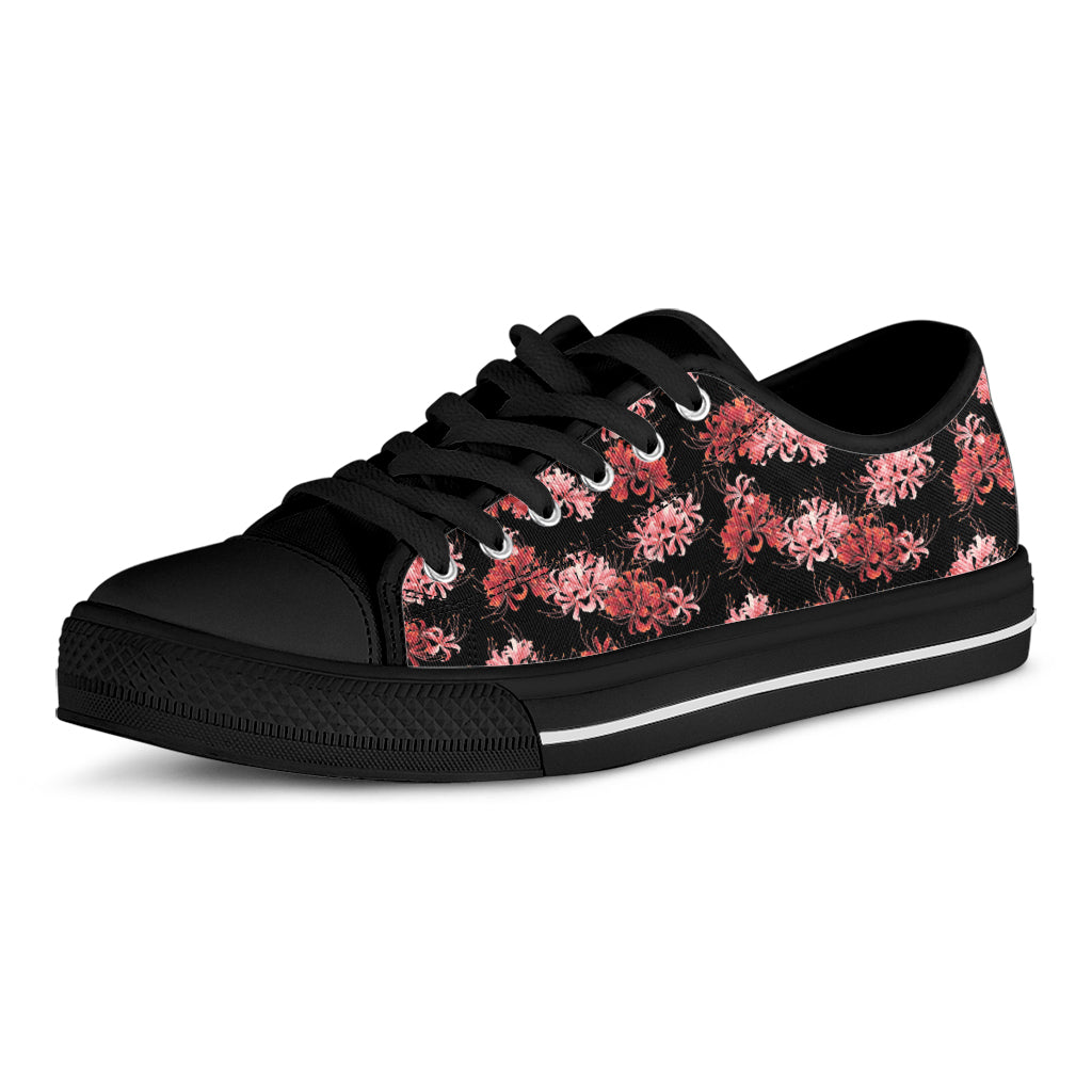 Japanese Cluster Amaryllis Pattern Print Black Low Top Shoes