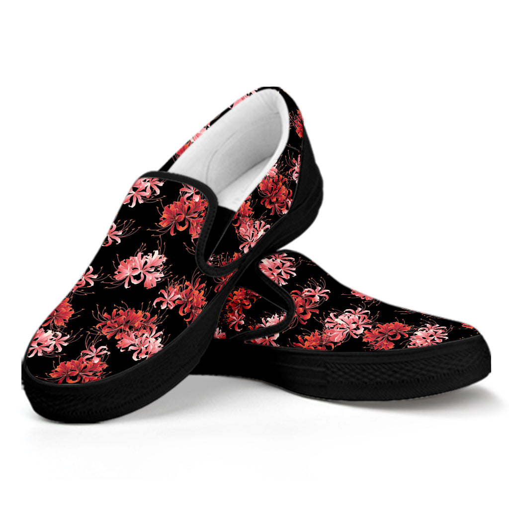 Japanese Cluster Amaryllis Pattern Print Black Slip On Shoes