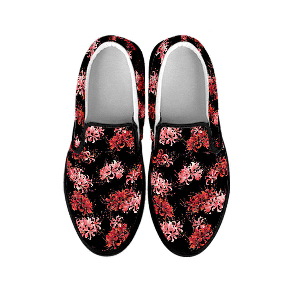 Japanese Cluster Amaryllis Pattern Print Black Slip On Shoes