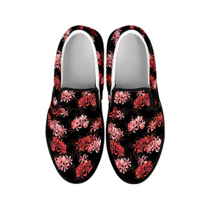 Japanese Cluster Amaryllis Pattern Print Black Slip On Shoes