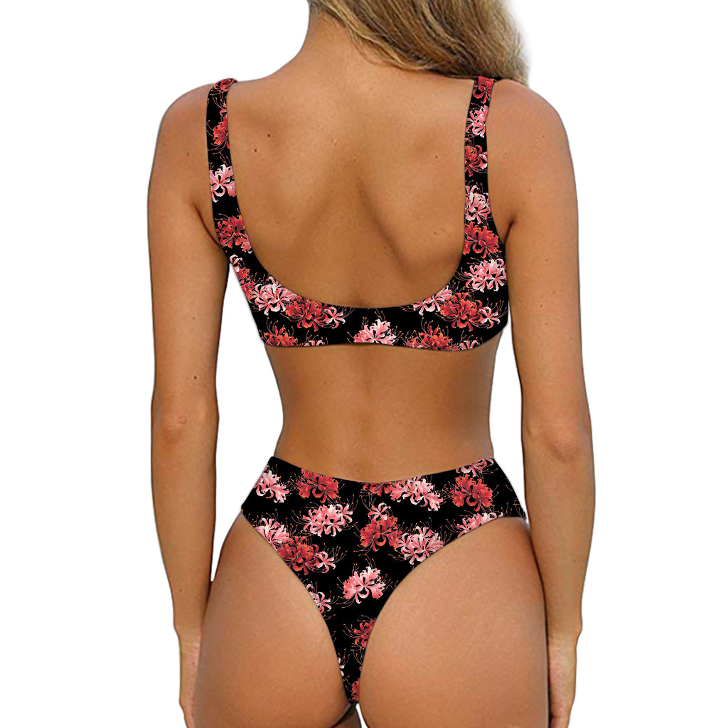 Japanese Cluster Amaryllis Pattern Print Front Bow Tie Bikini