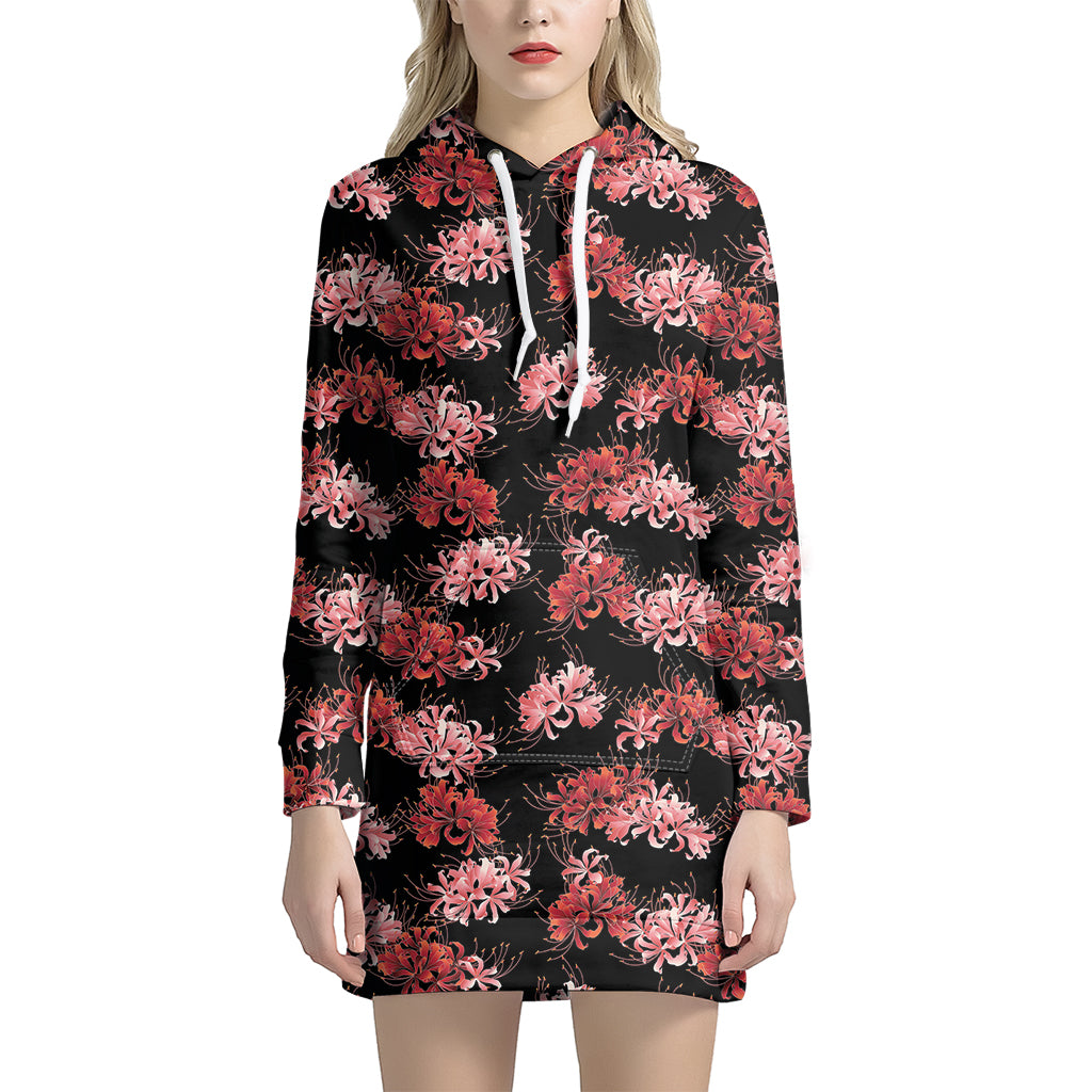 Japanese Cluster Amaryllis Pattern Print Hoodie Dress