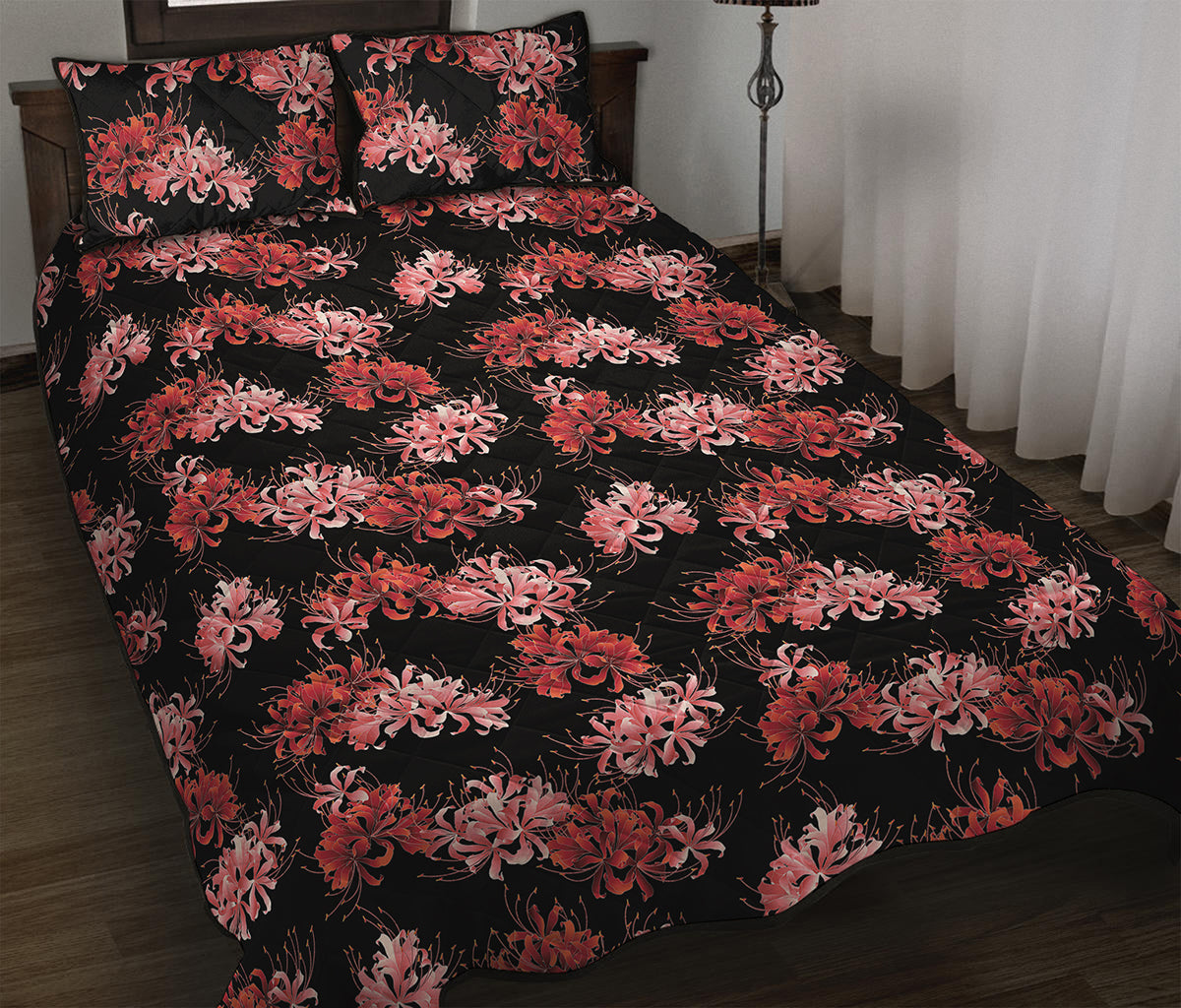 Japanese Cluster Amaryllis Pattern Print Quilt Bed Set