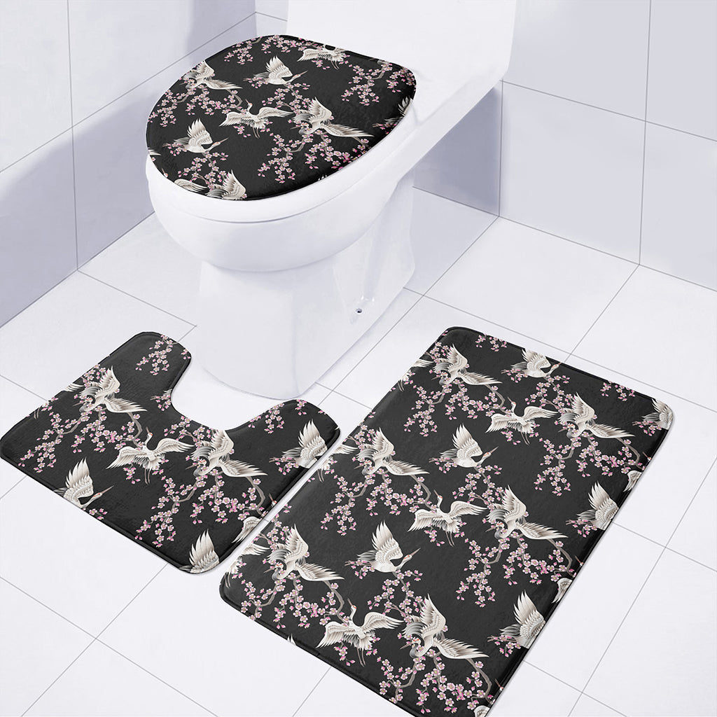 Japanese Crane Bird Pattern Print 3 Piece Bath Mat Set