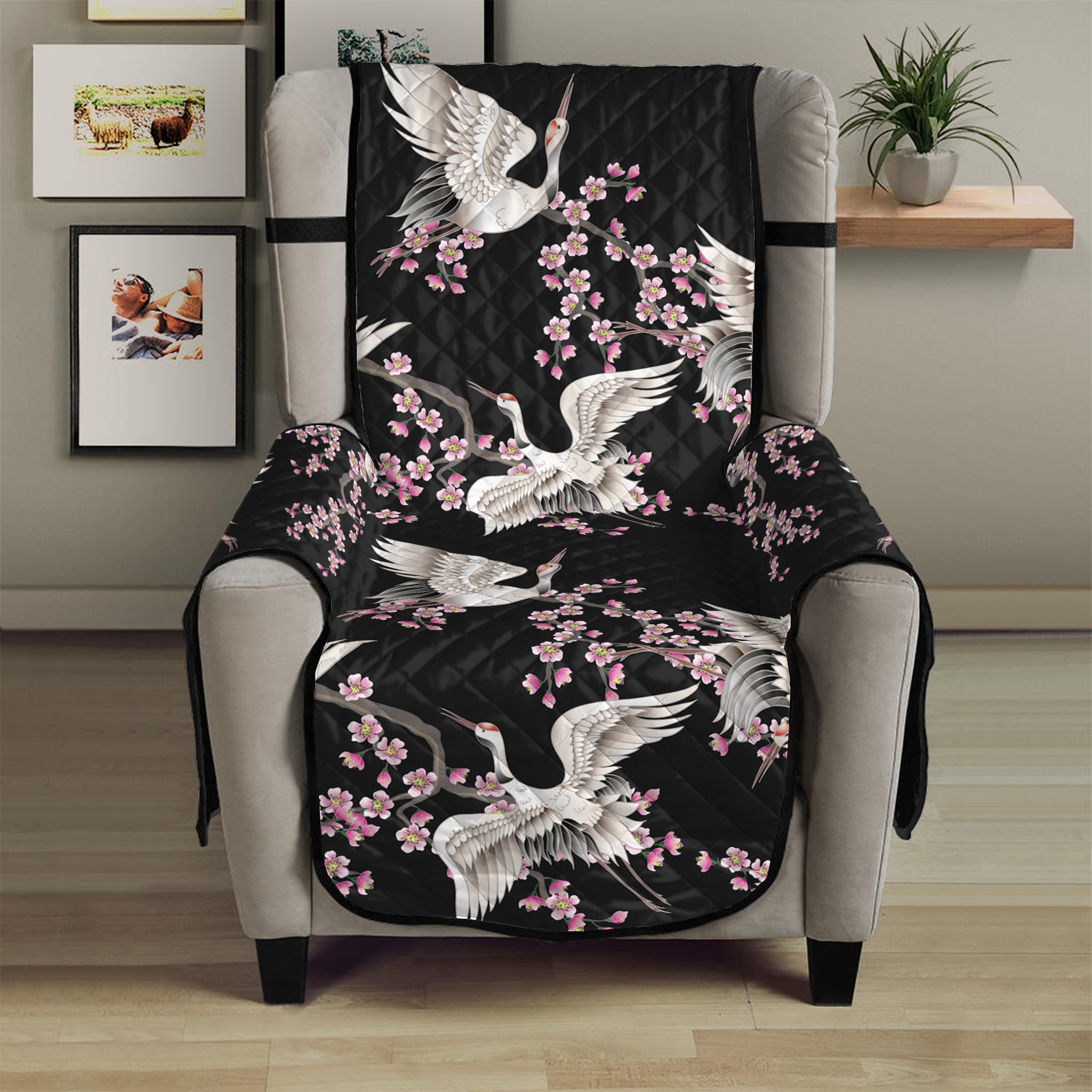 Japanese Crane Bird Pattern Print Armchair Protector