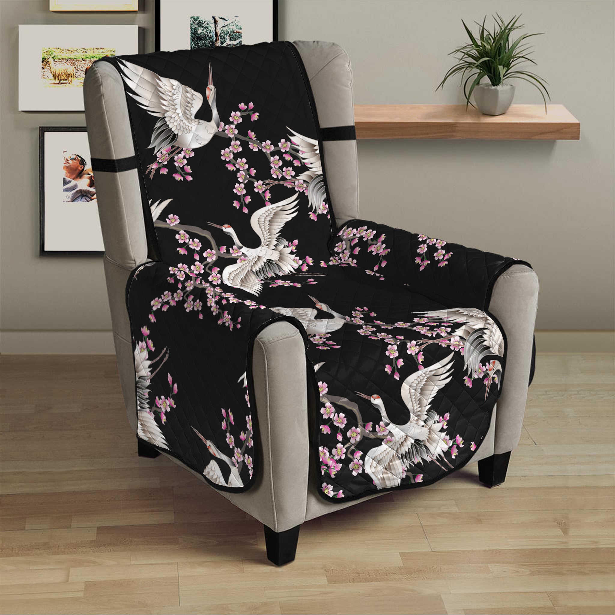 Japanese Crane Bird Pattern Print Armchair Protector