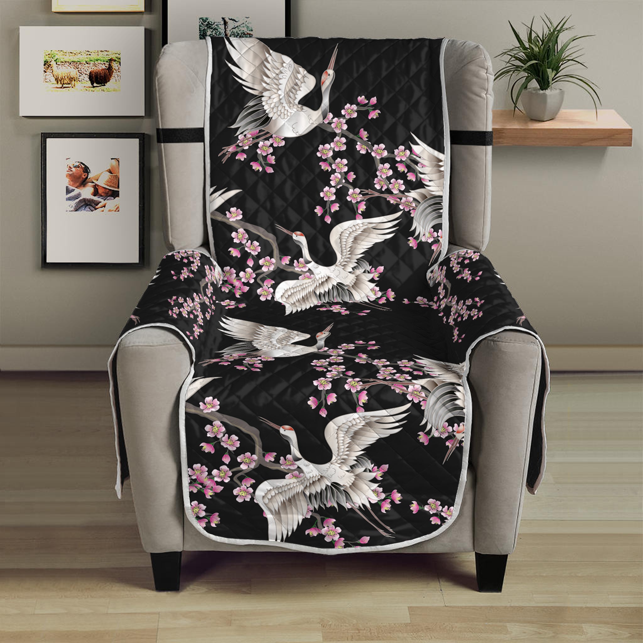 Japanese Crane Bird Pattern Print Armchair Protector