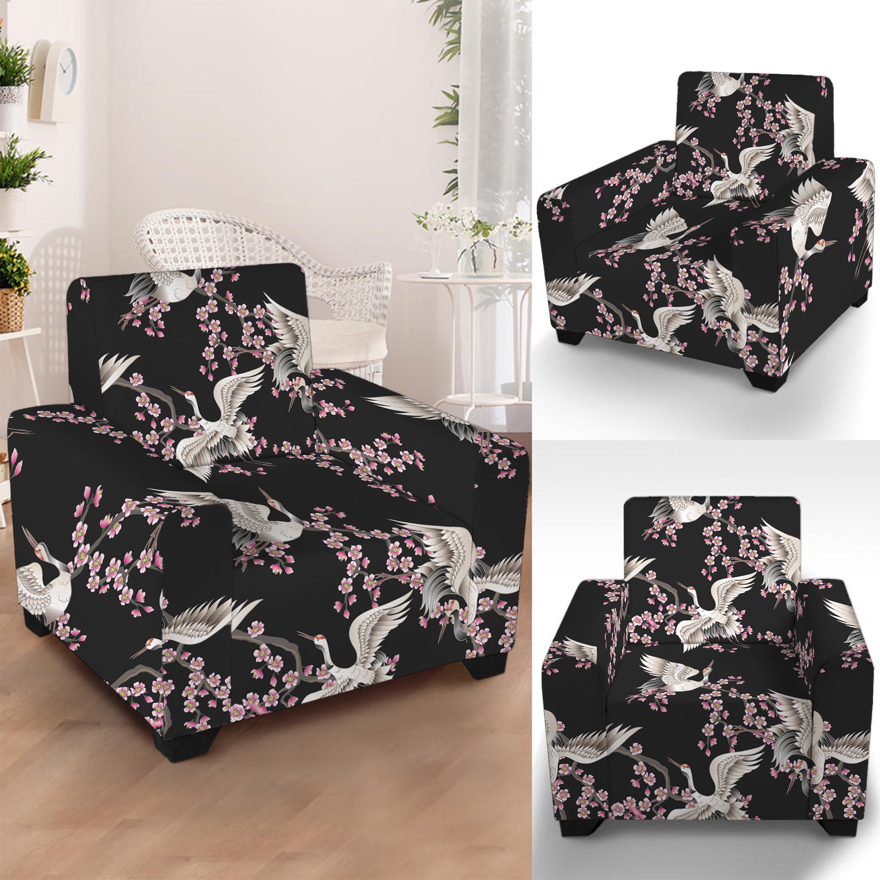 Japanese Crane Bird Pattern Print Armchair Slipcover