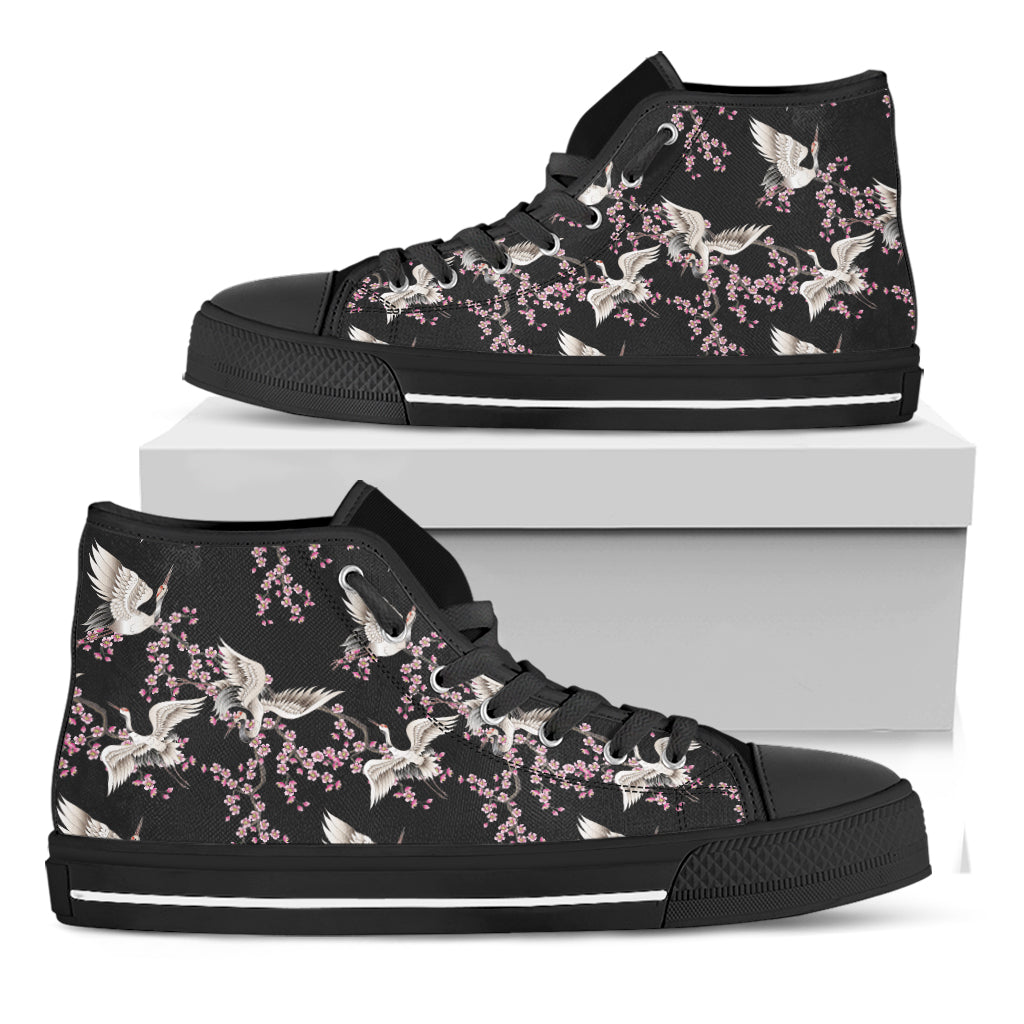 Japanese Crane Bird Pattern Print Black High Top Shoes
