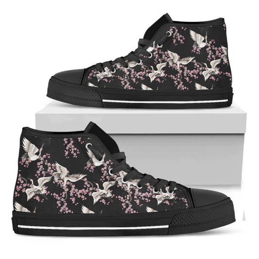 Japanese Crane Bird Pattern Print Black High Top Shoes