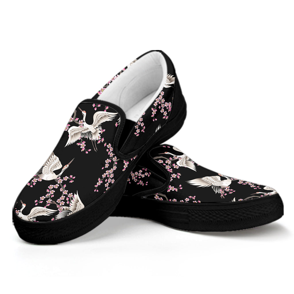 Japanese Crane Bird Pattern Print Black Slip On Shoes