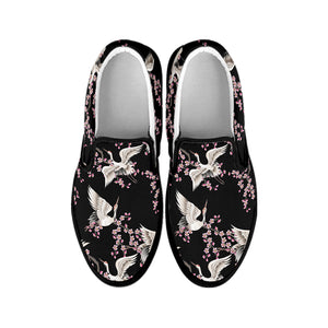 Japanese Crane Bird Pattern Print Black Slip On Shoes