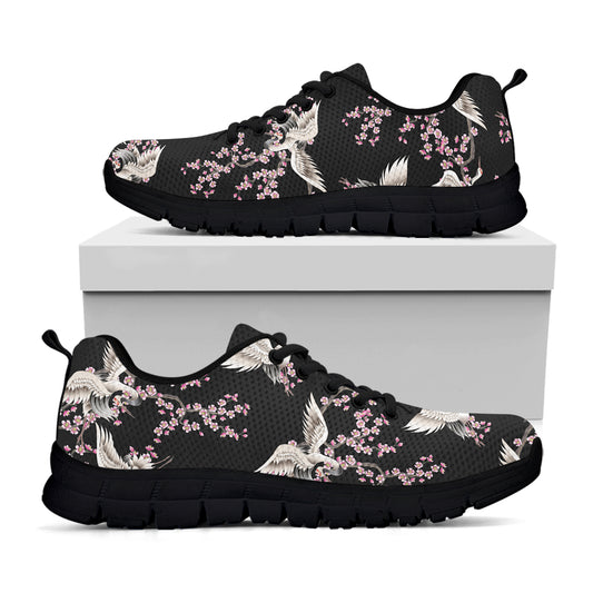 Japanese Crane Bird Pattern Print Black Sneakers