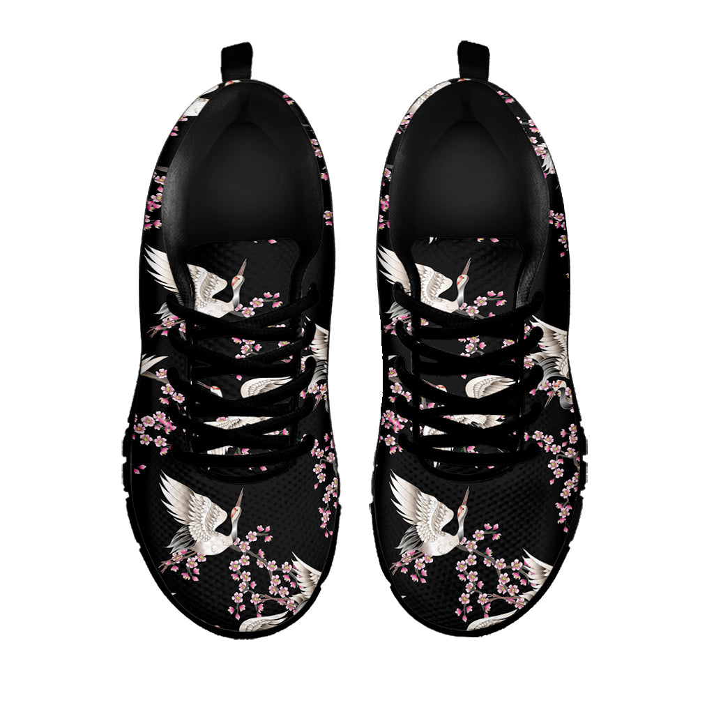 Japanese Crane Bird Pattern Print Black Sneakers