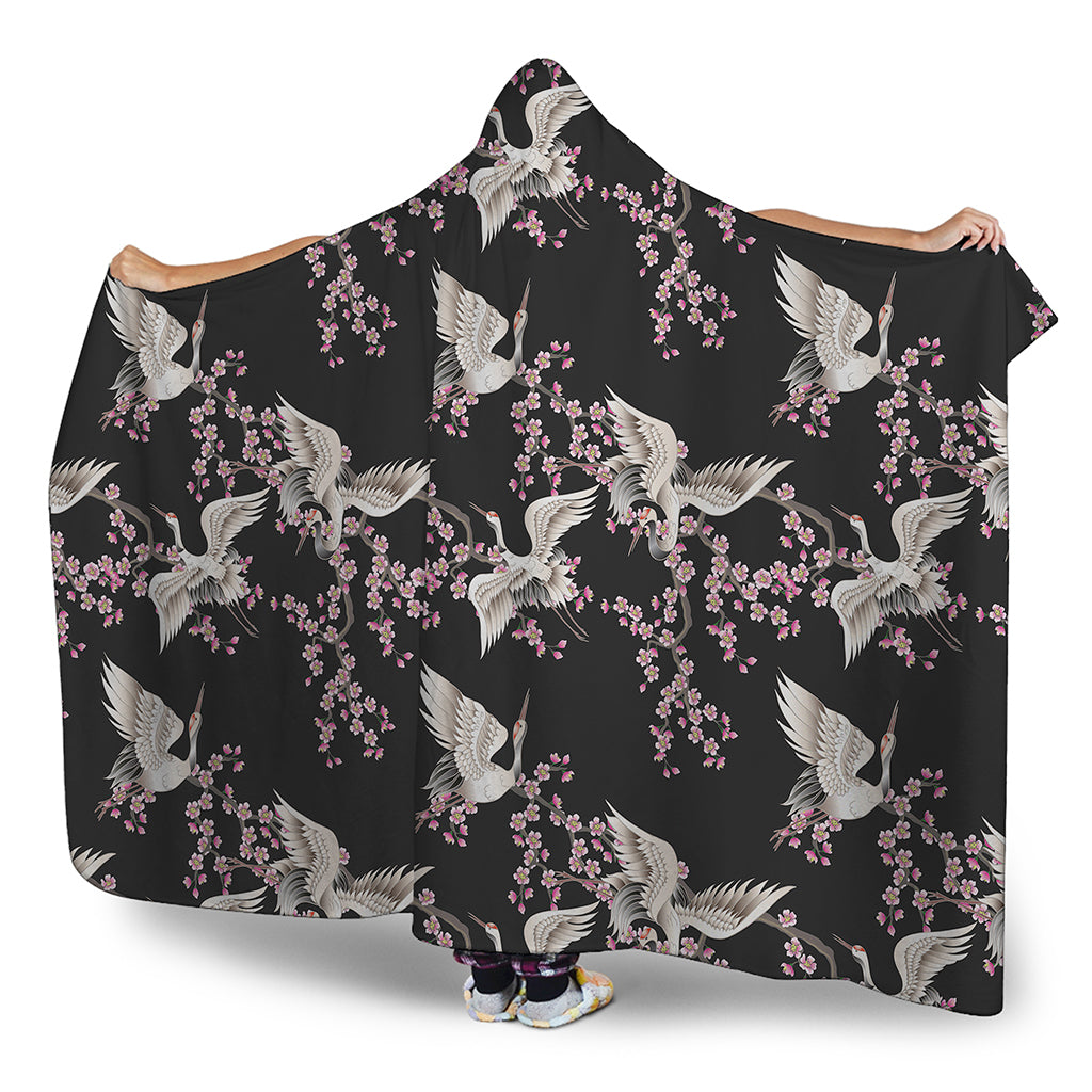 Japanese Crane Bird Pattern Print Hooded Blanket