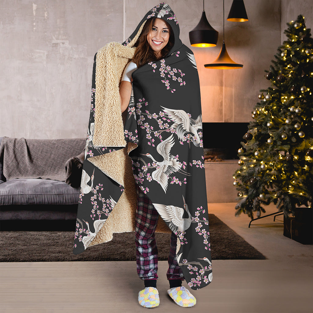 Japanese Crane Bird Pattern Print Hooded Blanket