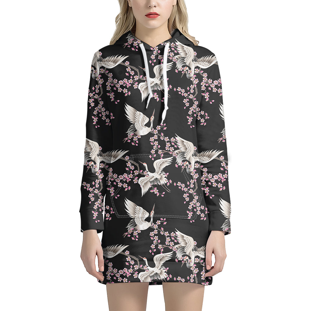 Japanese Crane Bird Pattern Print Hoodie Dress