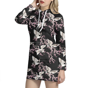 Japanese Crane Bird Pattern Print Hoodie Dress