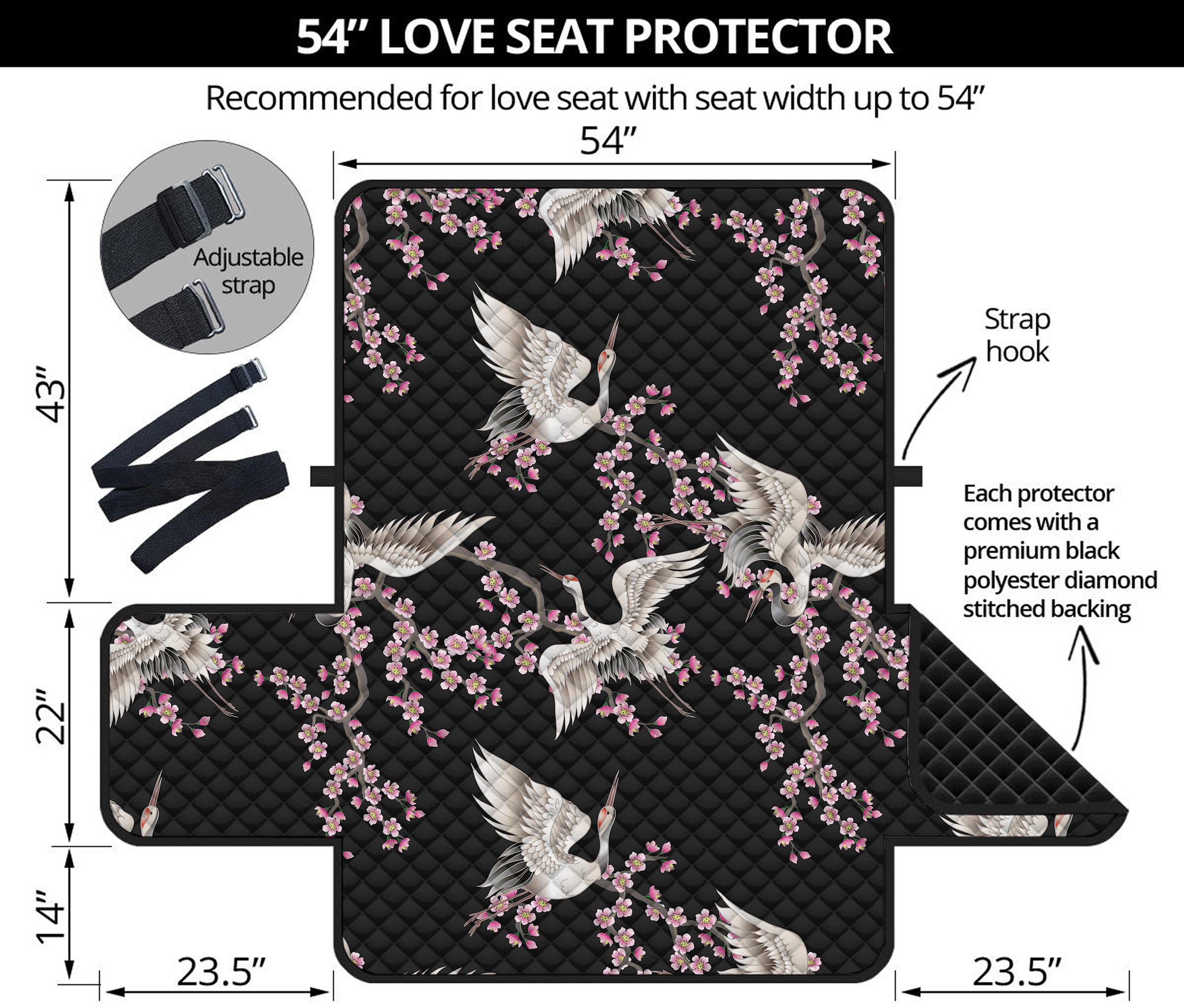 Japanese Crane Bird Pattern Print Loveseat Protector