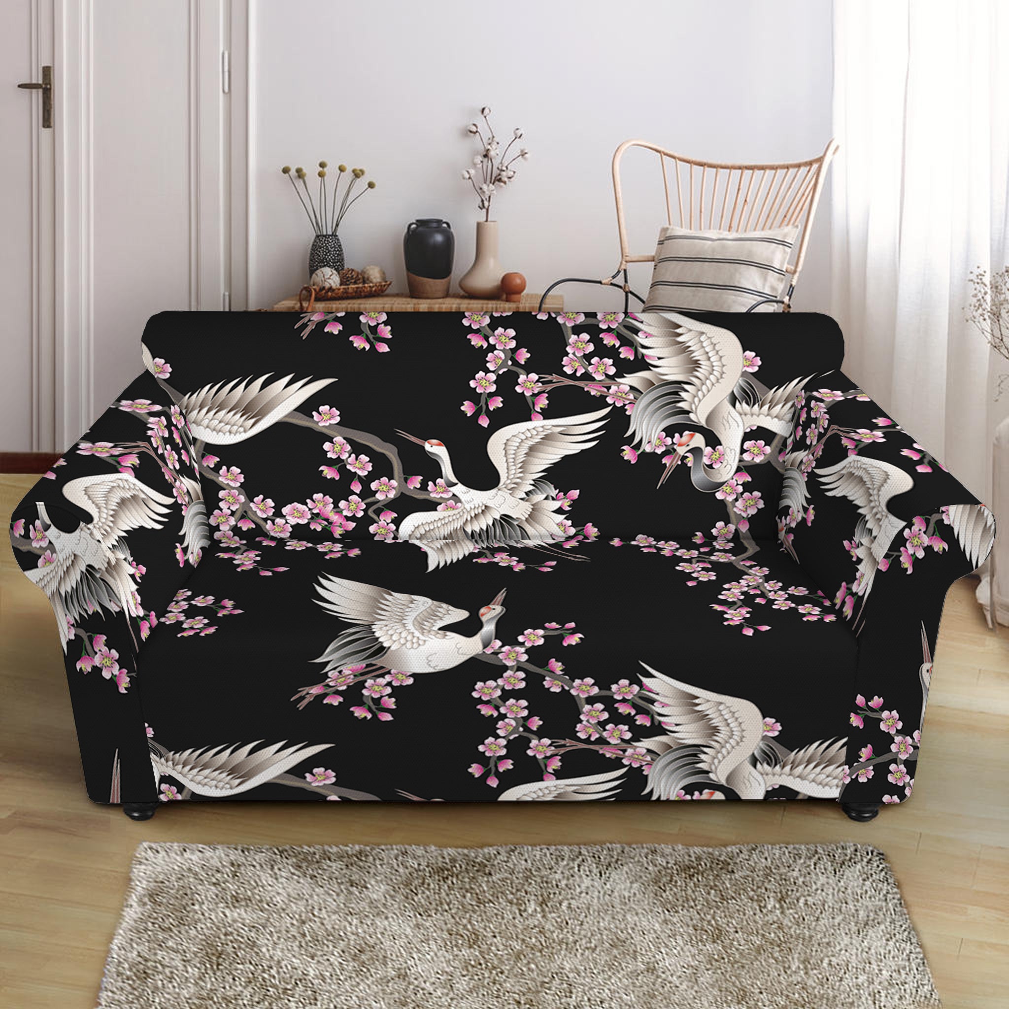 Japanese Crane Bird Pattern Print Loveseat Slipcover