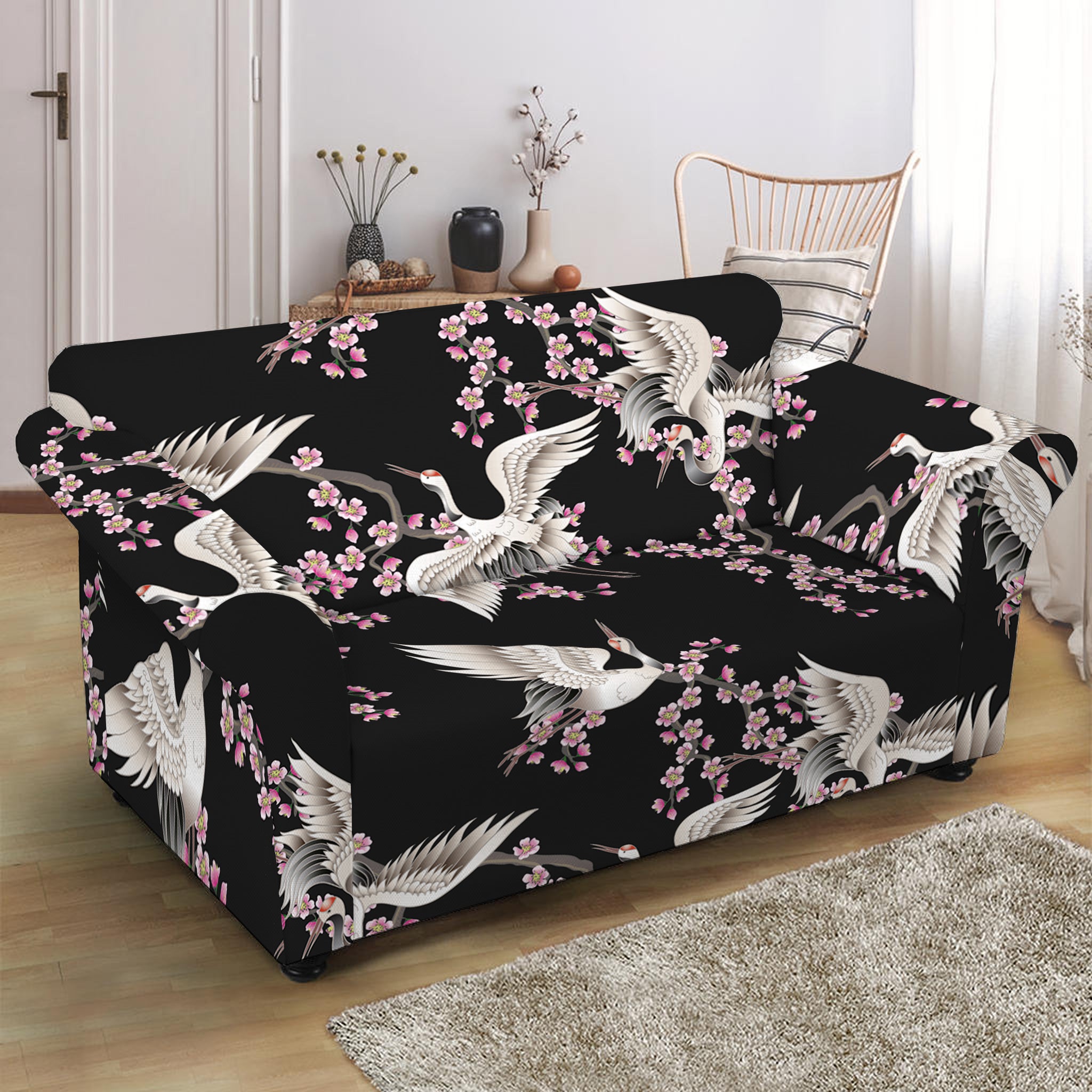 Japanese Crane Bird Pattern Print Loveseat Slipcover