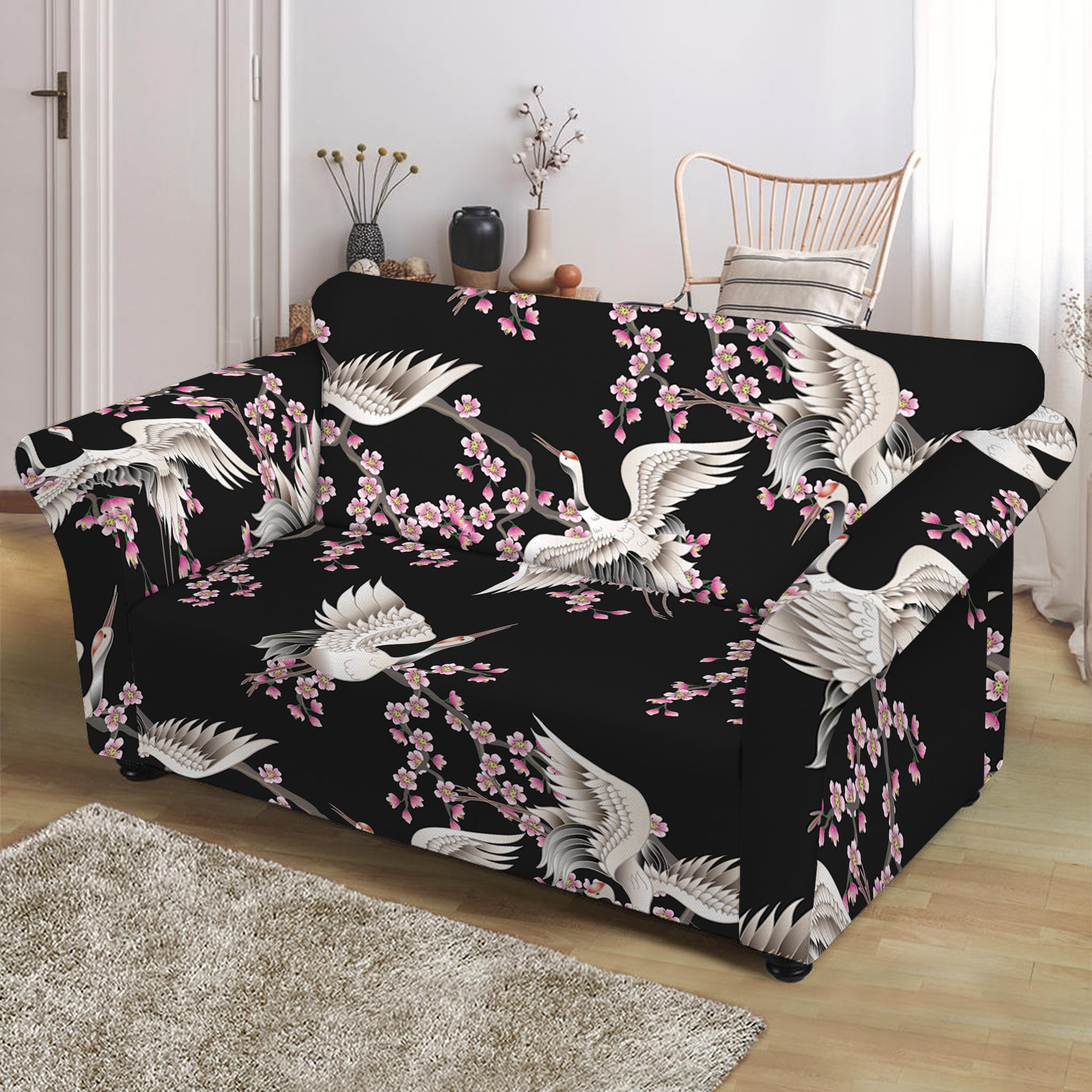 Japanese Crane Bird Pattern Print Loveseat Slipcover