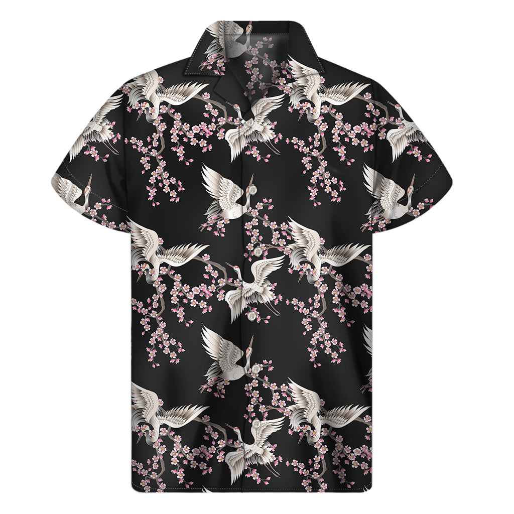 Japanese Crane Bird Pattern Print Men's Short Sleeve Shirt
