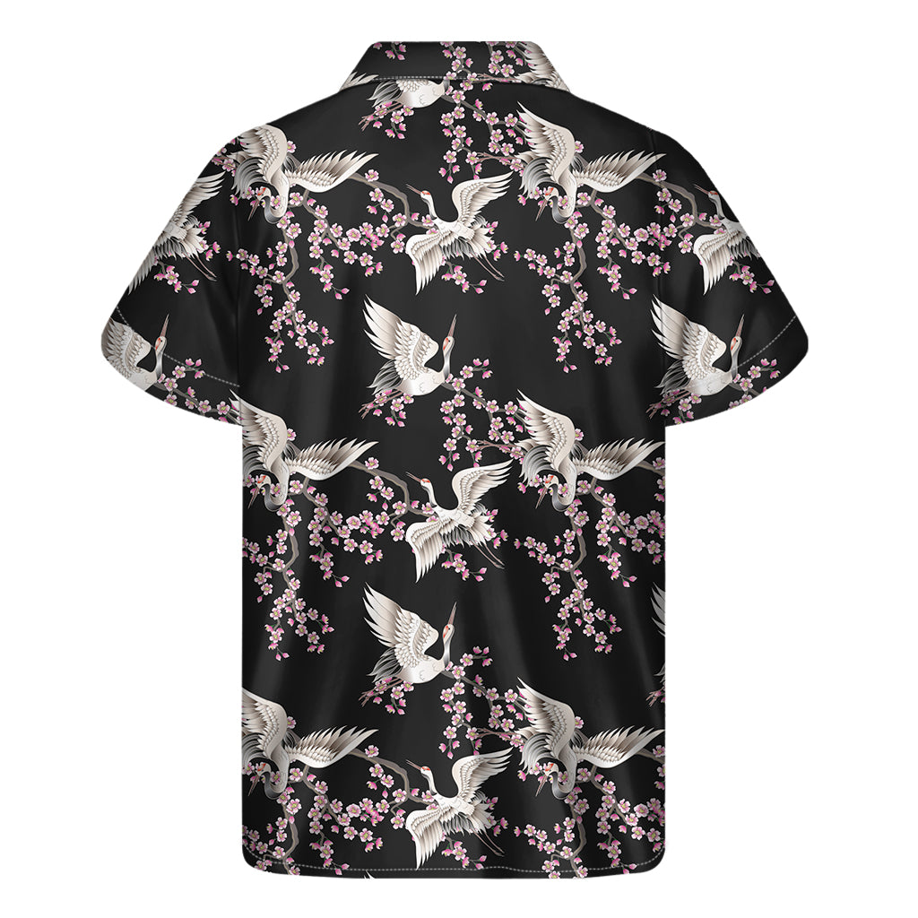 Japanese Crane Bird Pattern Print Men's Short Sleeve Shirt