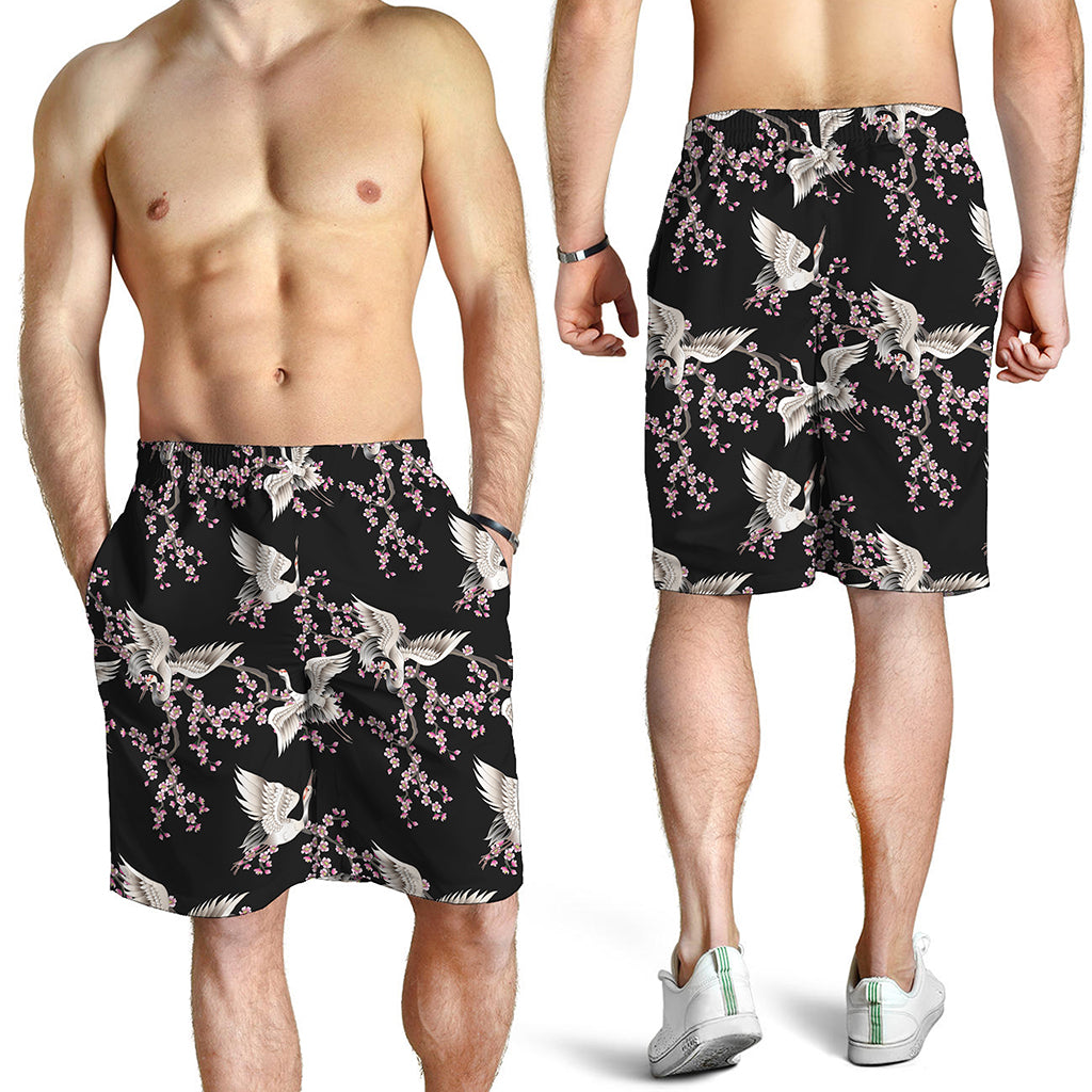 Japanese Crane Bird Pattern Print Men's Shorts