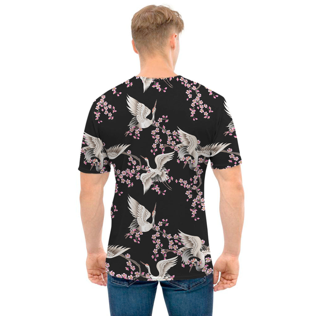 Japanese Crane Bird Pattern Print Men's T-Shirt