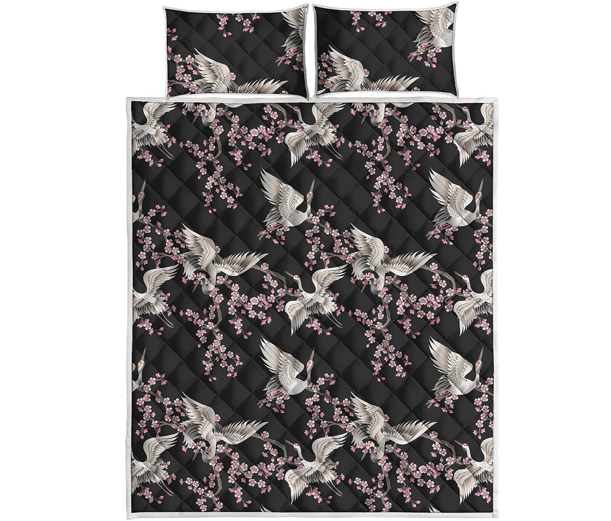 Japanese Crane Bird Pattern Print Quilt Bed Set