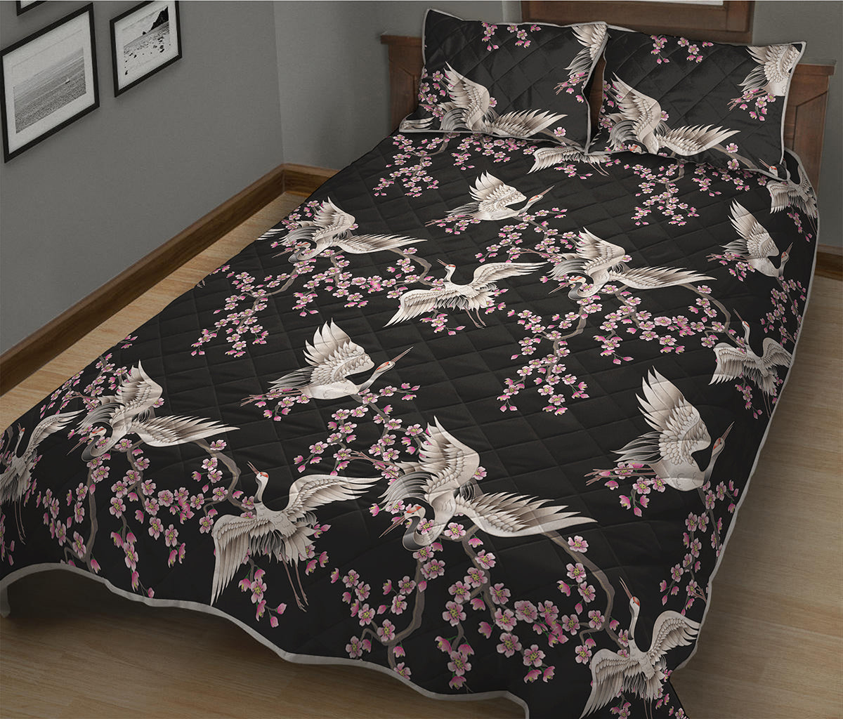 Japanese Crane Bird Pattern Print Quilt Bed Set