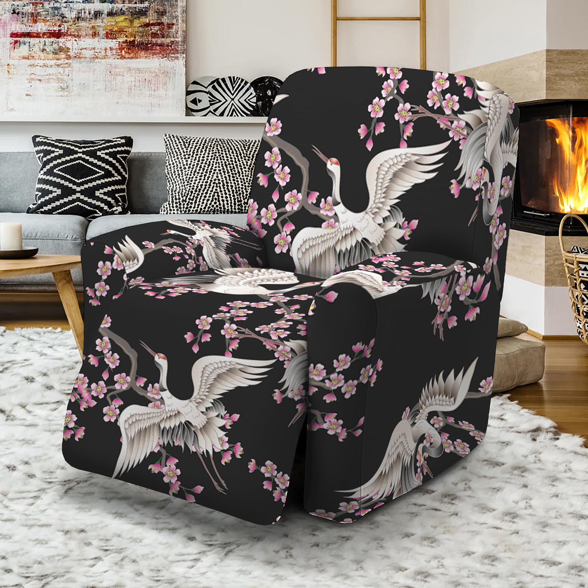 Japanese Crane Bird Pattern Print Recliner Slipcover