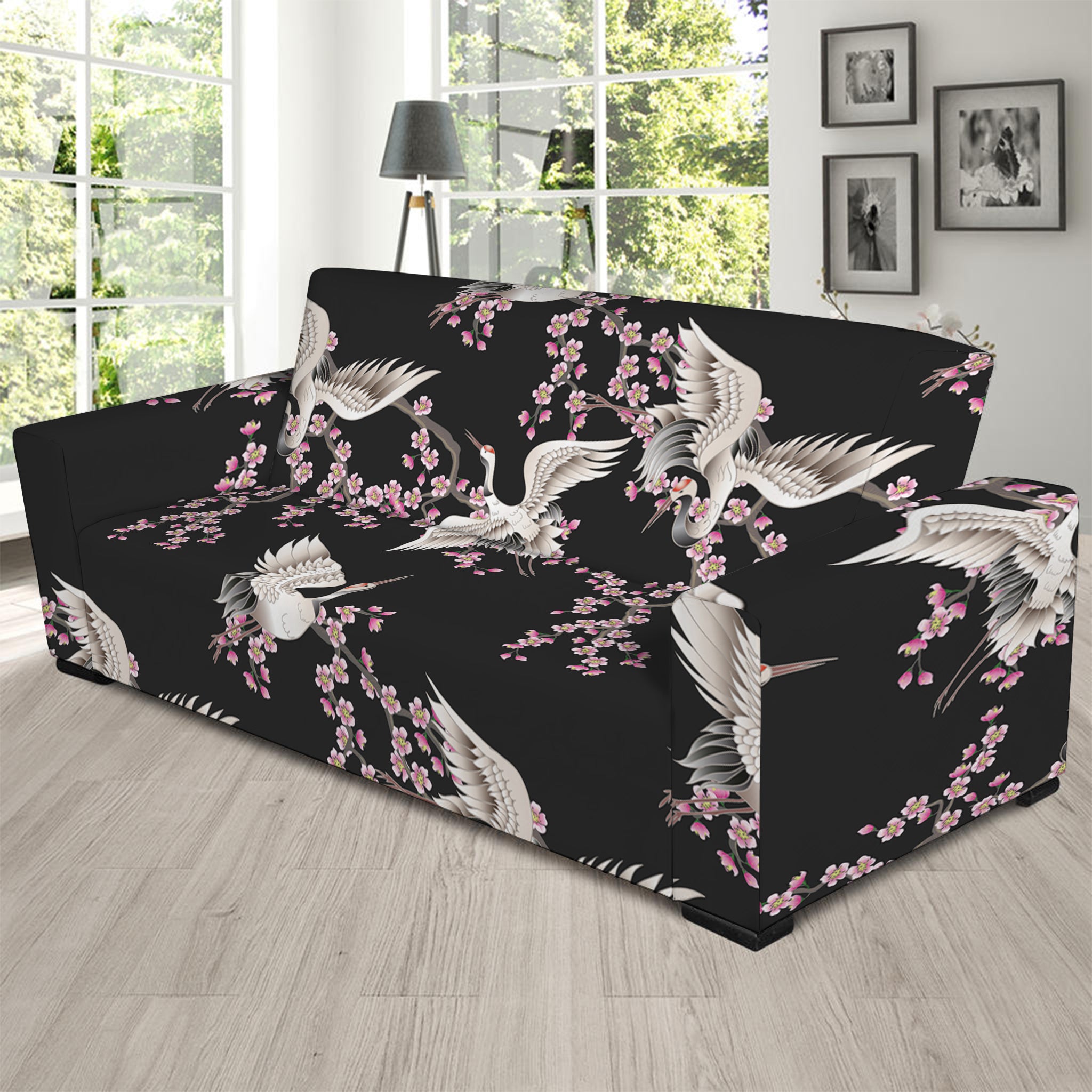 Japanese Crane Bird Pattern Print Sofa Slipcover