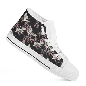 Japanese Crane Bird Pattern Print White High Top Shoes