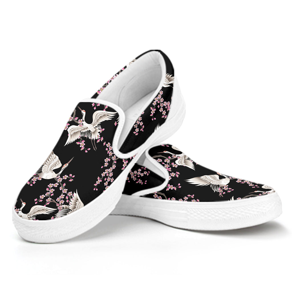 Japanese Crane Bird Pattern Print White Slip On Shoes