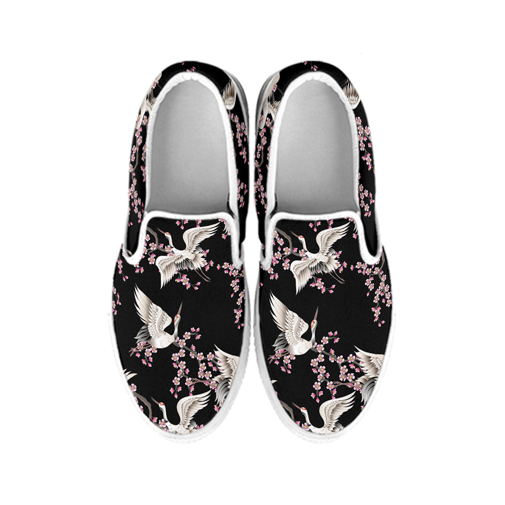 Japanese Crane Bird Pattern Print White Slip On Shoes