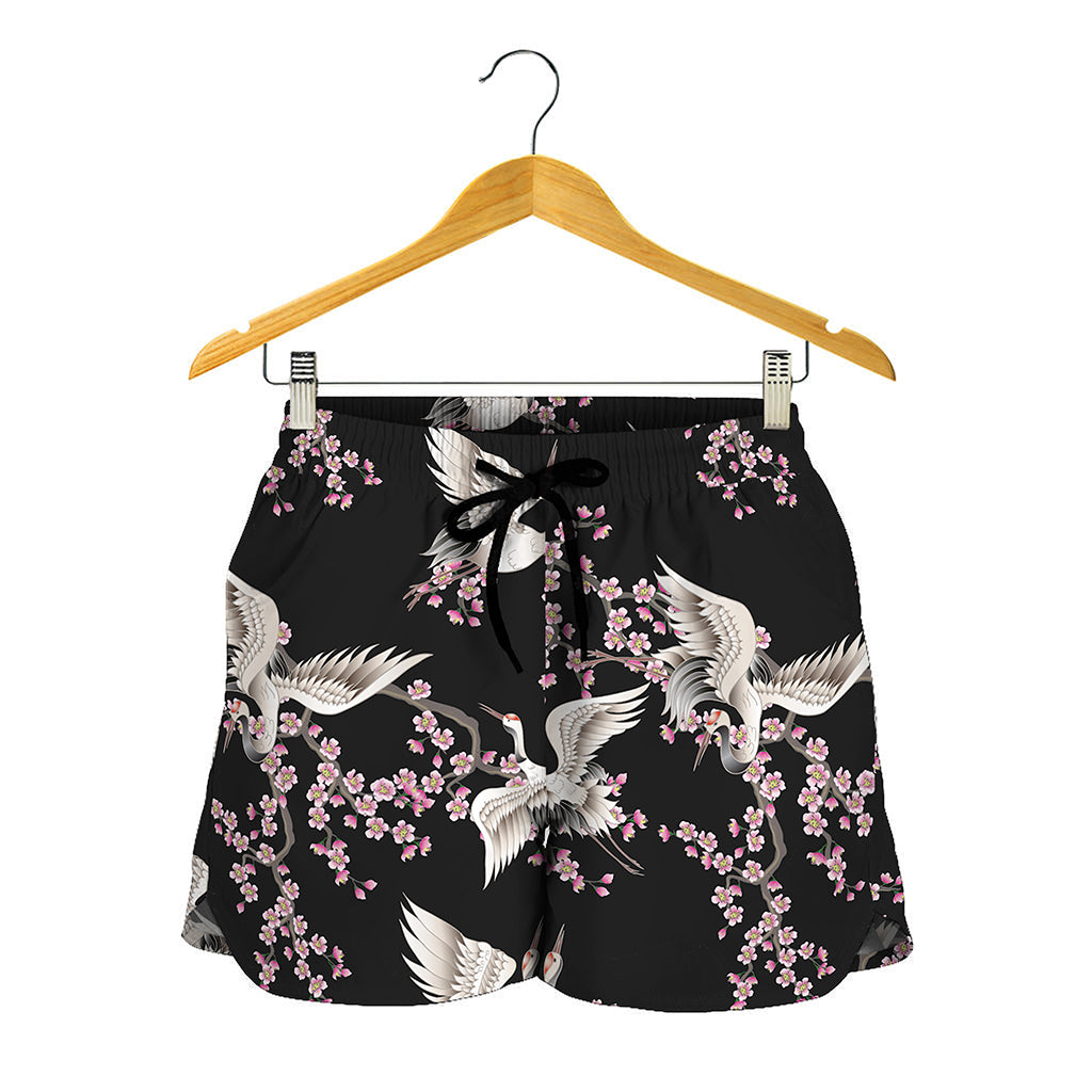 Japanese Crane Bird Pattern Print Women's Shorts