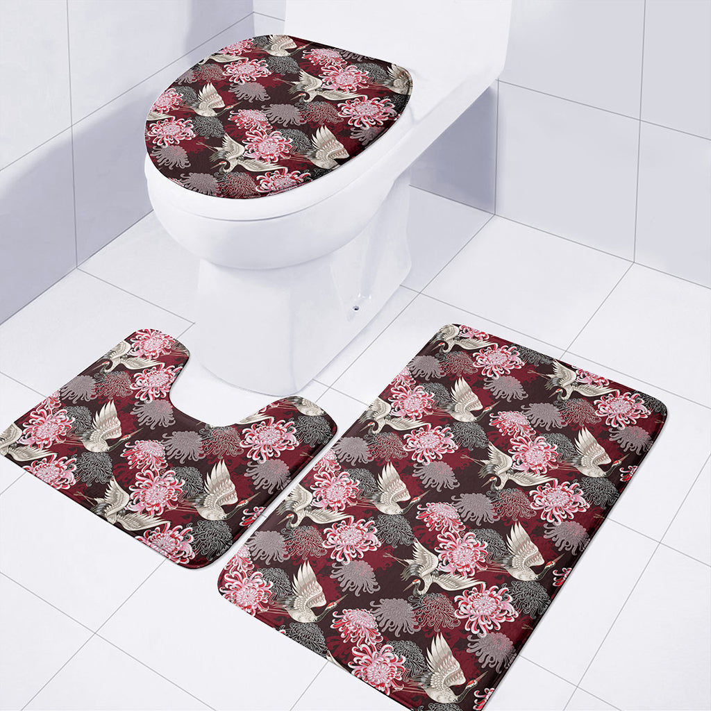 Japanese Cranes And Chrysanthemums Print 3 Piece Bath Mat Set