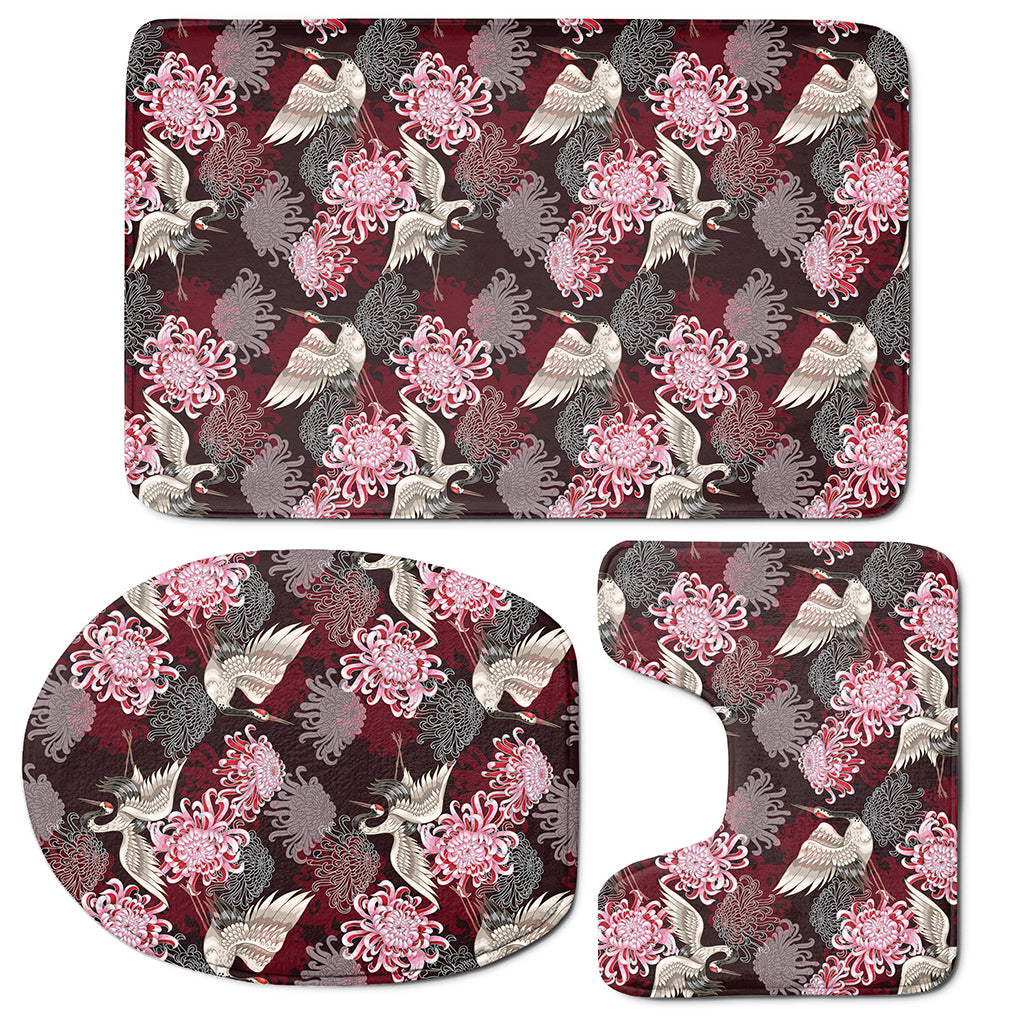Japanese Cranes And Chrysanthemums Print 3 Piece Bath Mat Set