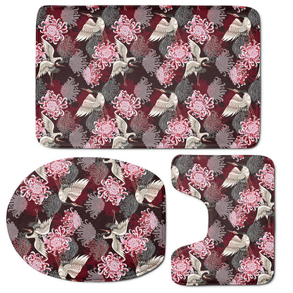 Japanese Cranes And Chrysanthemums Print 3 Piece Bath Mat Set