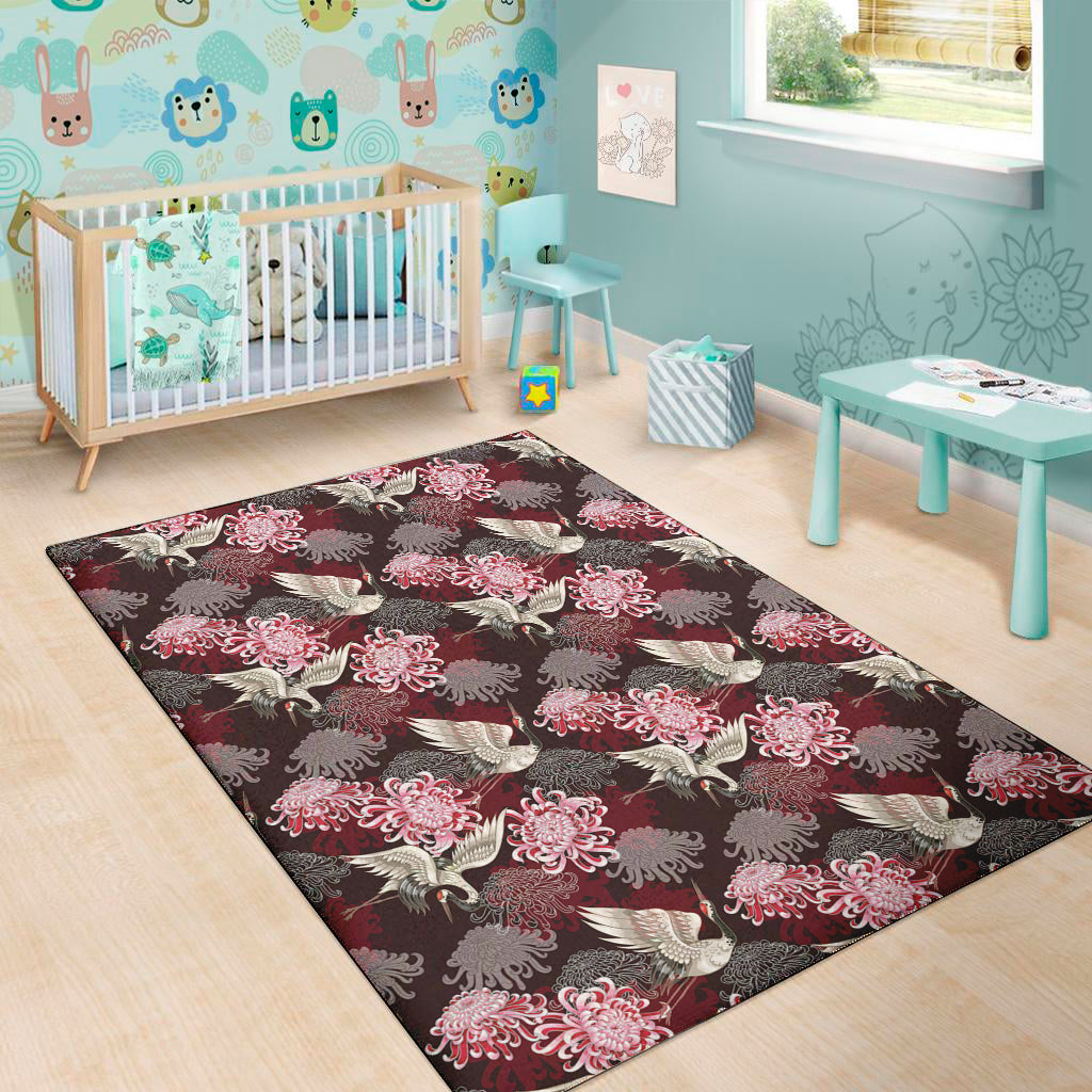 Japanese Cranes And Chrysanthemums Print Area Rug