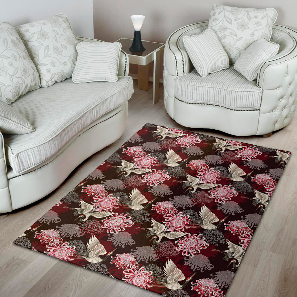 Japanese Cranes And Chrysanthemums Print Area Rug