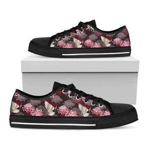 Japanese Cranes And Chrysanthemums Print Black Low Top Shoes