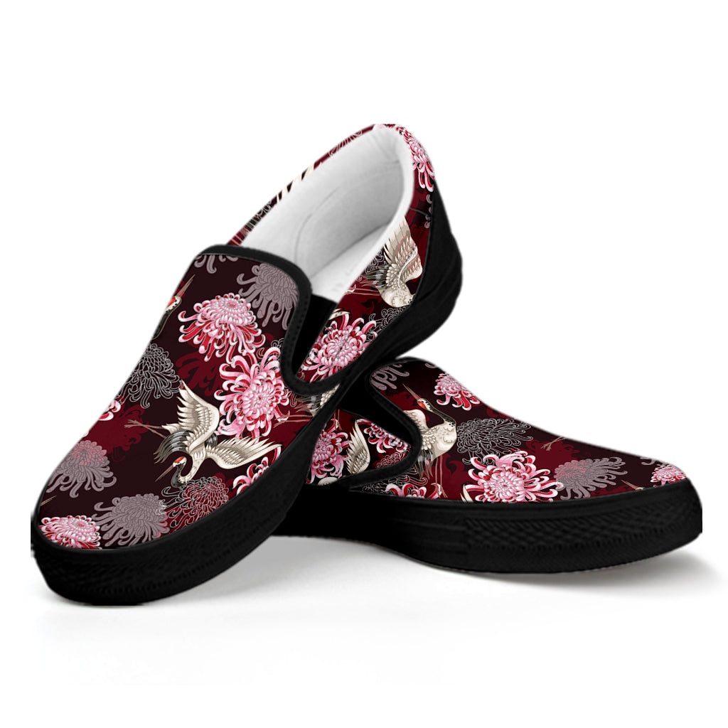 Japanese Cranes And Chrysanthemums Print Black Slip On Shoes