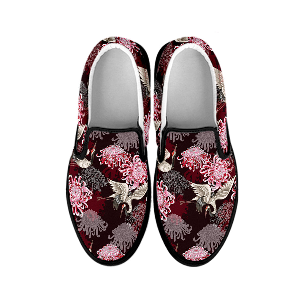 Japanese Cranes And Chrysanthemums Print Black Slip On Shoes