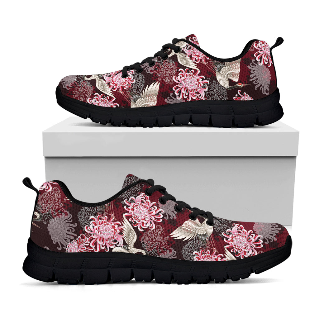 Japanese Cranes And Chrysanthemums Print Black Sneakers