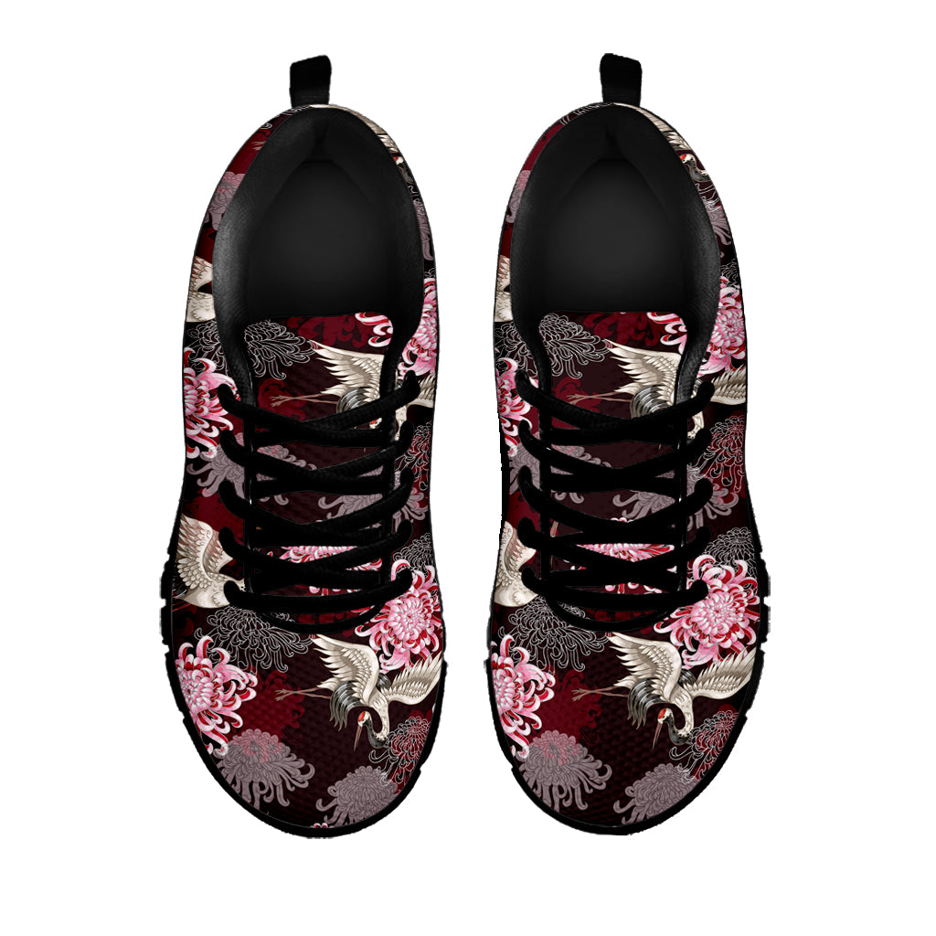 Japanese Cranes And Chrysanthemums Print Black Sneakers