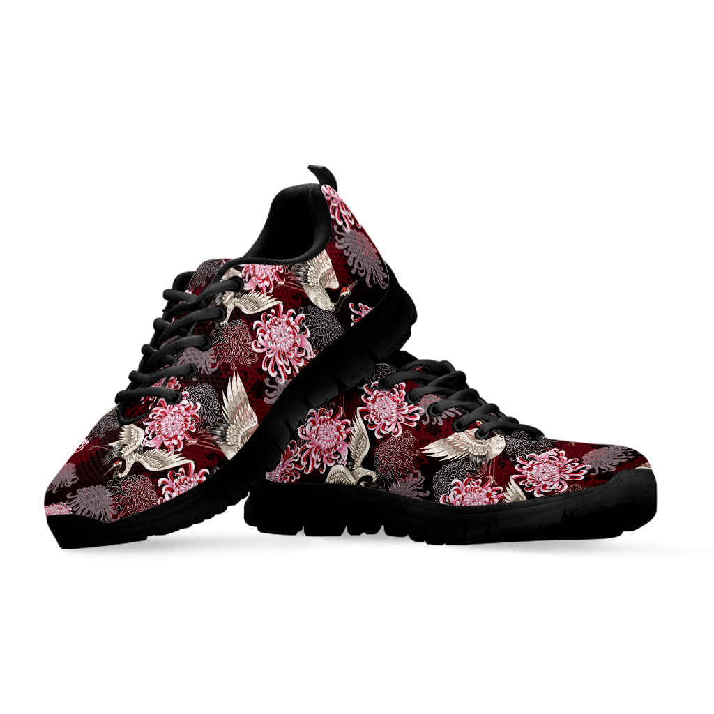 Japanese Cranes And Chrysanthemums Print Black Sneakers